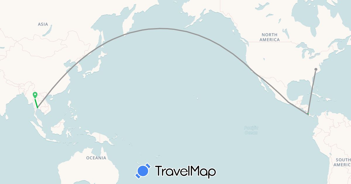 TravelMap itinerary: driving, bus, plane in Costa Rica, Mexico, Thailand, United States (Asia, North America)